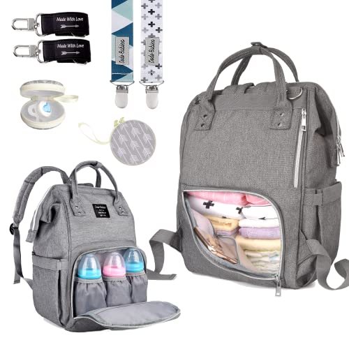 Image of Dodo Babies Diaper Bag Backpack Set - Insulated & Waterproof Pockets - Plus Two Pacifier Clips, Binky Case & Stroller Straps (Teal/Grey)