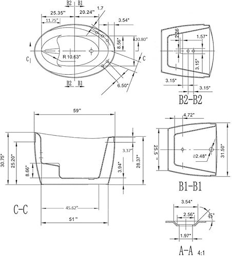 Vista 8 de Empava Bañera independiente ovalada de drenaje izquierdo de 59 pulgadas en color blanco