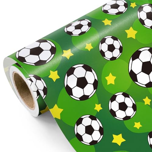WRAPAHOLIC Football Wrapping Paper Roll - Mini Roll - 17 Inch x 9.8 Feet - Sports Soccer with Stars Design Perfect for Birthday Party Holiday