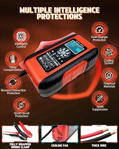Image of 10Amp Car Battery Charger, 12v Battery Charger with LCD Screen, 7 Charge Stages, Trickle Charger for Car Battery, Temperature Compensation, for Truck Motorcycle, WET & GEL Lead Acid Batteries