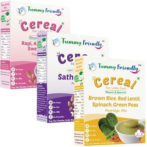 Image of TummyFriendly Foods Certified Organic Sprouted Ragi, Almonds, Oats, Sweet Potato Porridge Mix | Made of Sprouted Ragi Powder, Almond Cereal Organic Baby Food for 8 Month. Sprouted for Calcium, Iron | Maximum Nutrition From Real Food | Available in Trial Baby Packs too | Shelf-life 9 month | 200g (RagiSathuMavuRice3x200g)