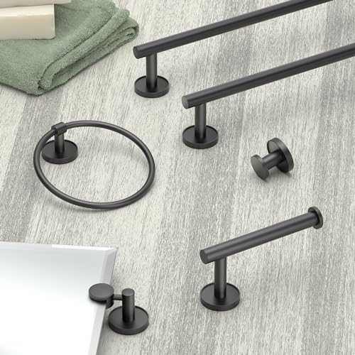 Image of Gatco 5552MX Sky Towel Ring | Modern Hand Towel Holder for Bathroom | Stylish Decorative Hardware, Heavy Duty Metal, EZ Ancor Mounting | Matte Black