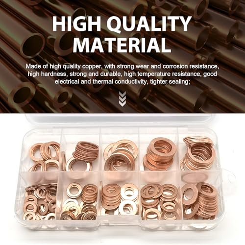 Image of Shakas Pack-200 Car Copper Metric Gasket Combination Set, Oil Pan Plug Sealing Gaskets, M5 M6 M8 M10 M12 M14 9 Specifications Flat Crushed Gasket with Storage Box, Universal for Most Cars (Gold)