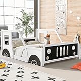 Full Size Car Bed, Wood Floor Bed Frame with Headboard & Footboard and 4 Side Rails, Kids Bed in Car-Shaped for Boys Girls Teens, Race car Montessori Bed for Boys, Girls, White