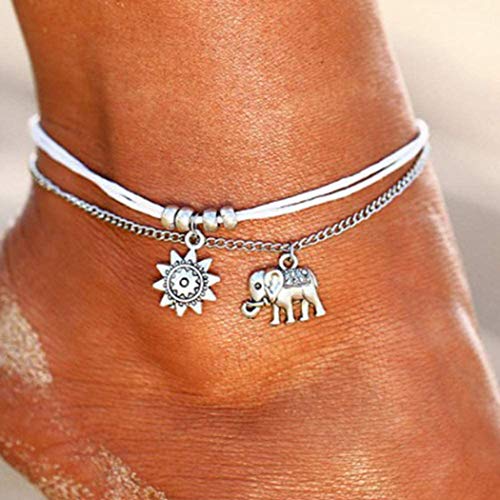Jeweky Boho Layered Elephant Anklets Silver Sunflower Ankle Bracelets Chain Beach Foot Jewelry for Women and Girls
