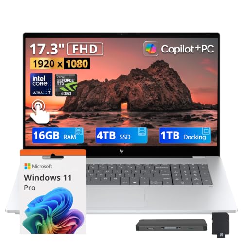 Image of HP OmniBook X 17.3 inch FHD Touchscreen Laptop, Intel Ultra 7 256V, 16GB RAM, 5TB Storage (4TB SSD+1TB Docking Station), GeForce RTX 4050, Backlit Keyboard, Copilot+ PC, Wi-Fi 7, Win 11 Pro, Silver