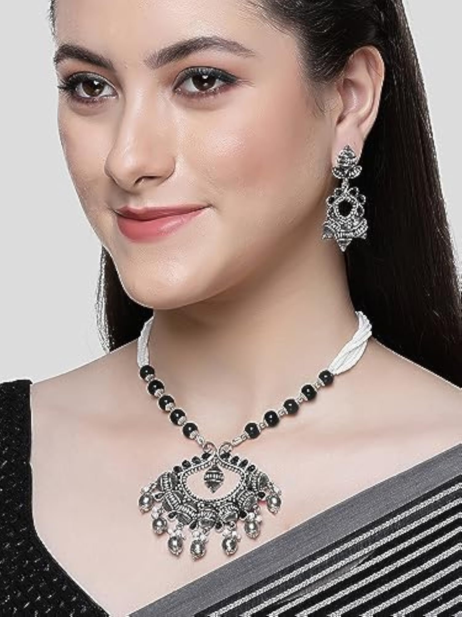 Women's Black Beads Oxidised Silver Necklace Set, Elegant