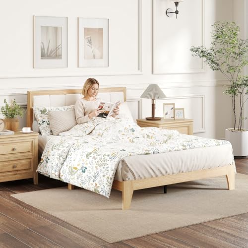 HOMCOM Full Size Bed Frame with Upholstered Headboard, Platform Bed Frame with Wooden Slats, No Box Spring Needed, Easy Assembly, Natural