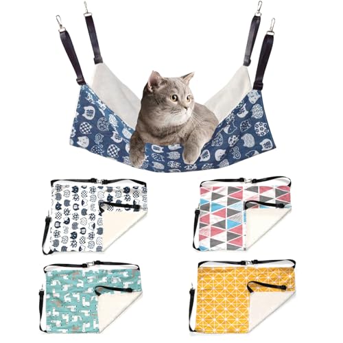 Luxmars 5 Pcs Cat Hammock, Reversible Cat Hanging Hammock Soft Breathable Pet Cage Hammock with Adjustable Straps and Metal Hooks,Double-Sided Hanging Bed for All Seasons