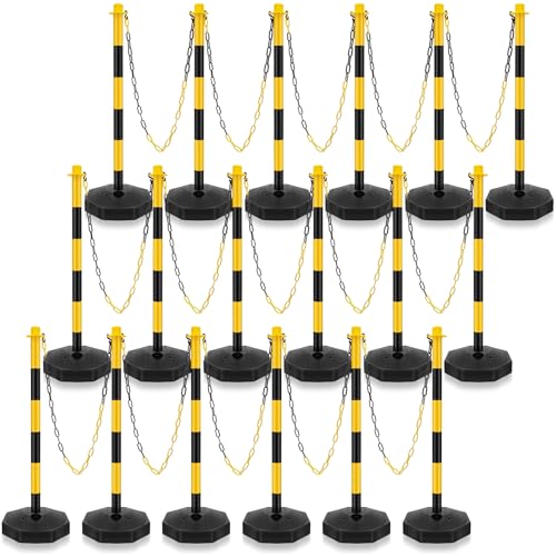 Konohan 18 Sets 34 Inch Parking Cone Delineators Post Traffic Cone Plastic Stanchion Set Stands Parking Barrier with Base 6.6 ft Chain S Hooks Reflective Collar (Yellow,Black)