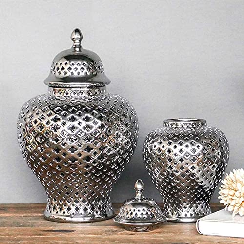 Fumajis Home Decor Pierced Ginger Jar With Lid, Carved Lattice Decorative Temple Jar,Cut Out Ceramic Vases Ceramic White Ginger Jars (Silver) #TOP3