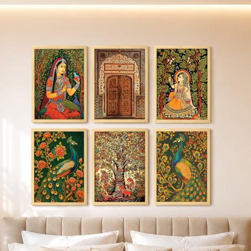 Image of PAINTINGMANTRA Madhubani Paintings For Living Room, Mughal Queen Floral Madhubani Wall art Painting for Bedroom, home wall Decoration item, Set of 6, 9x13 Inch
