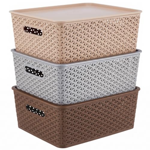 Image of Amazon Basics Set of 3 Plastic Storage Baskets with Lid Stackable Organiser for Wardrobe, Kitchen, Clothes, Toys, Books, Office, Stationery Multipurpose (Medium, 36x30x13 cm | Multicolour, Rectangular