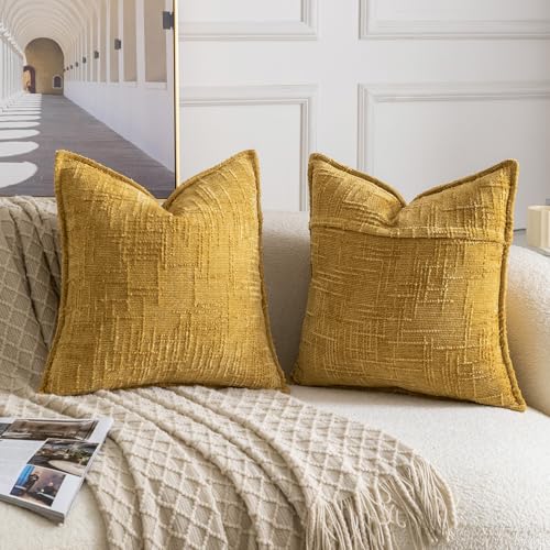 Image of MADIZZ Pack of 2 Chenille Throw Pillow Covers 18x18 Inch Yellow Soft Neutral Decorative Throw Pillows for Couch Sofa Boho Accent Cushion Covers Modern Farmhouse Home Decor for Bedroom Living Room