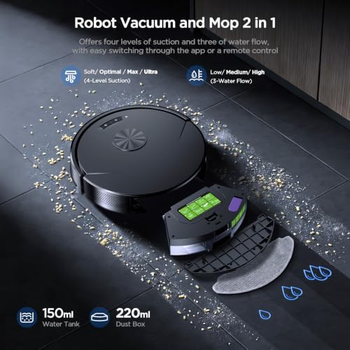 Image of Robot Vacuum and Mop Combo, 8000Pa Strong Suction 2 in 1 Vacuum Robot with Mopping, with Schedule, Wi-Fi /App /Remote, Self-Charging, Slim, Ideal for Hard Floor, Pet Hair, Low-Pile Carpet