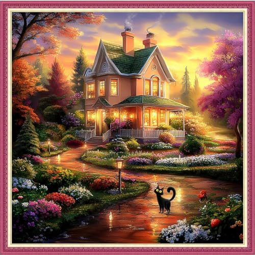Image of Fanxvivy Stamped Cross Stitch Kits for Beginners Full Range of Cross Stitching Preprinted Embroidery Kits for Adults, 11CT Embroidery Pattern Needlepoint Kits-Dream Home 18x18 inch