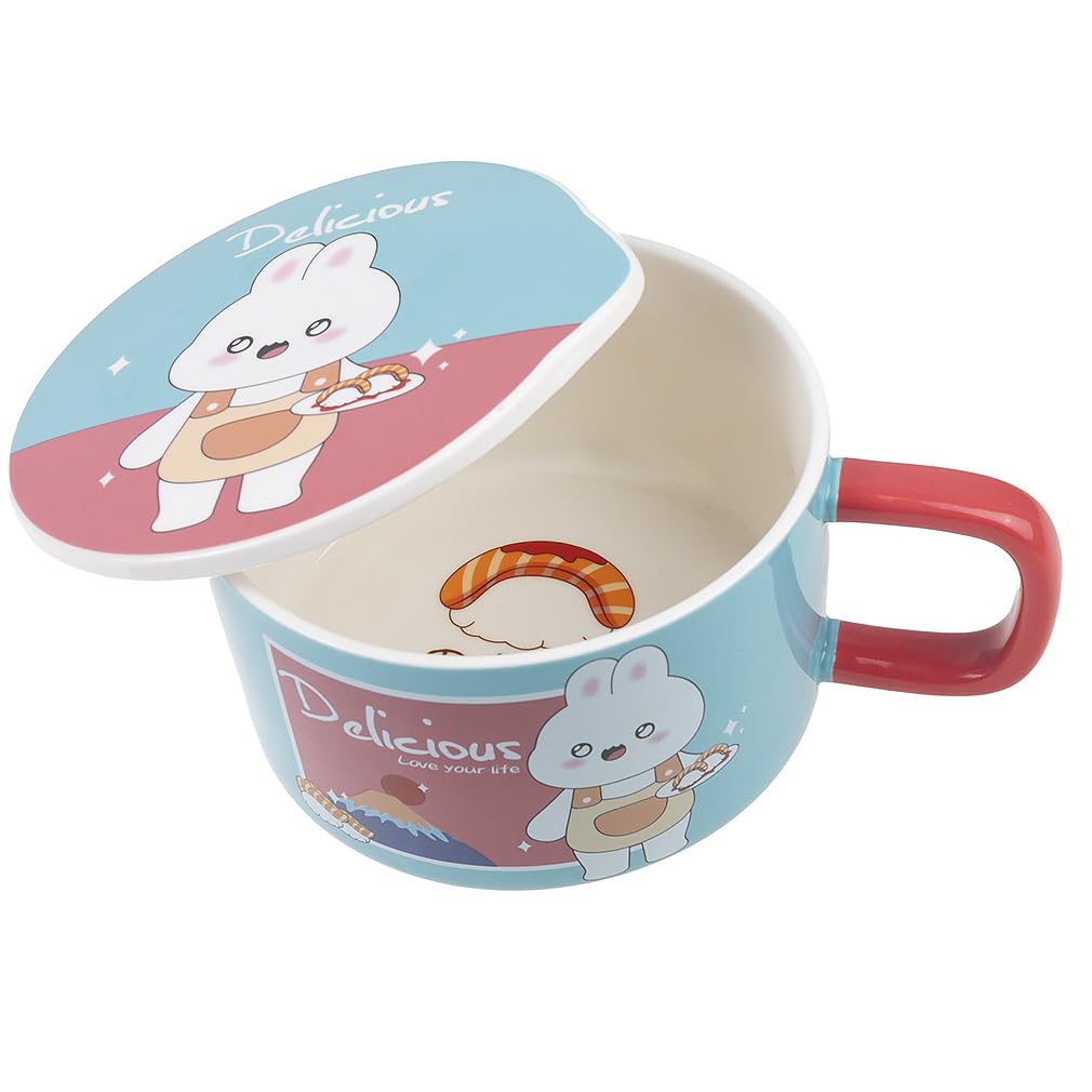 lachineuse - Nudelschale mit Sofortfunktion – asiatische Ramenschale – Porzellan – Motiv Kaninchen – 1000 ml – Deckel & Besteck – Frühstück, Suppe, Reis – Geschenkidee Asien Japan China – Himmelblau