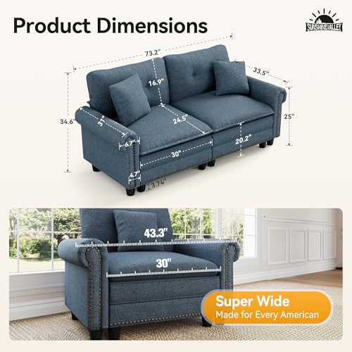 Image of SUNSHINE VALLEY 73.2 inch Modular Loveseat Cloud Couch Rolled Arms & Deep Seats | Mid-Century Modern 2-Seater Loveseat, Cyan, Nailhead Trim, Wider & Deeper Seats, Soft Linen Sofa for Living Room Bedroom
