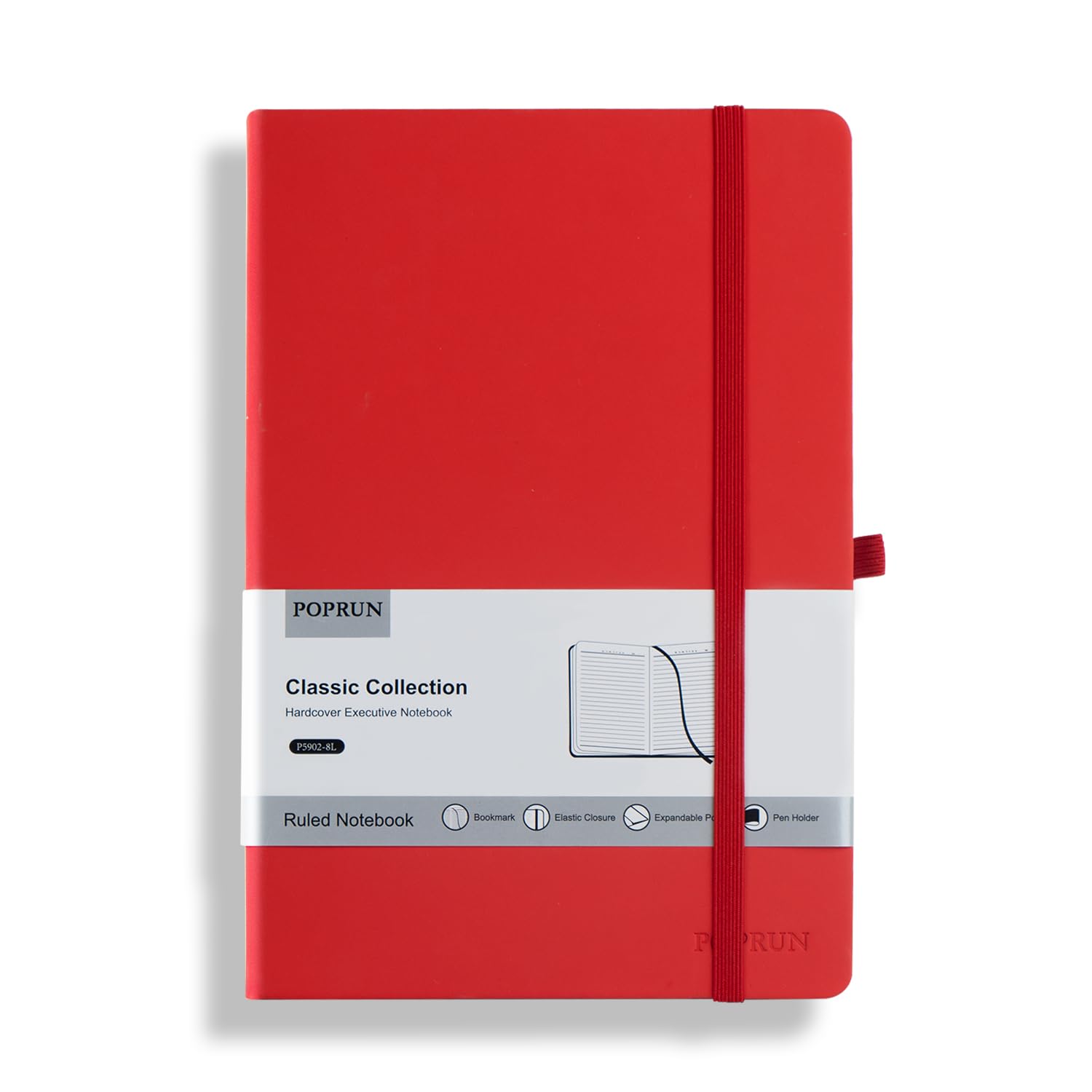 POPRUN A5 Lined Journal Notebooks, Leather Hardcover Thick Notebook for Writing, Business Work, Travel, School, College, Christmas, 5.5 x 8.3 inch, 240 Pages Classic Ruled Journals Notepad, Red