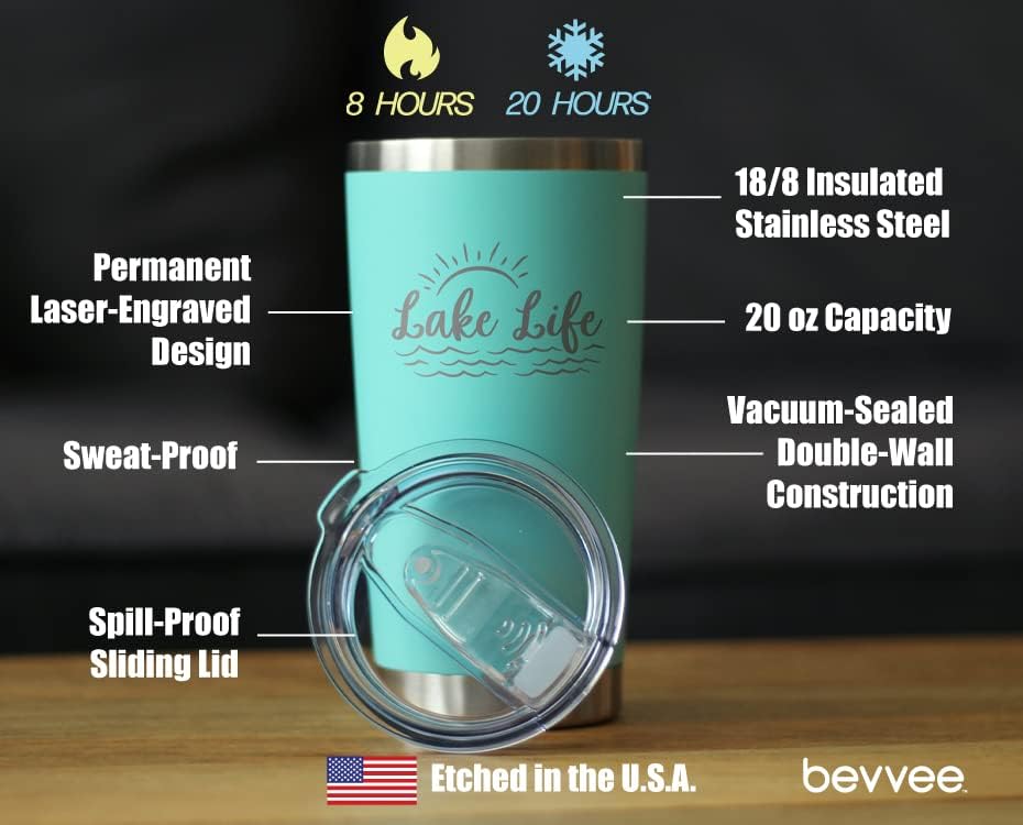 Bevvee Lake Life - Insulated Coffee Tumbler Cup with Sliding Lid - Stainless Steel Insulated Mug - Cute Outdoor Camping Mug and Lake House Decor - Teal - Image 4