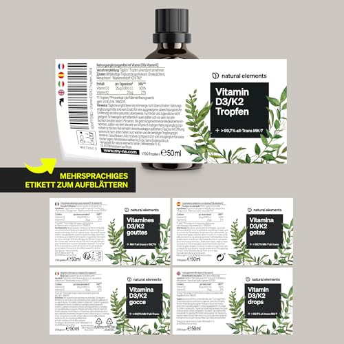 natural elements Vitamin D3 + K2 Tropfen 50ml - Premium: 99,7+% All-Trans (K2VITAL® von Kappa) + hoch bioverfügbares Vitamin D3 - Laborgeprüft, hochdosiert, flüssig und in Deutschland produziert