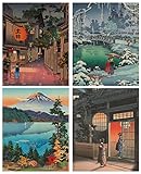 MINI ZOZI Japanese Wall Art Room Decor 8x10 4pcs Traditional Tsuchiya Koitsu Artwork Ukiyo-e Paintings Aesthetic Asian Vintage Retro Posters Picture Prints Cool Cute Poster Colorful UNFRAMED Japan Geisha Mount Fuji For Bedroom