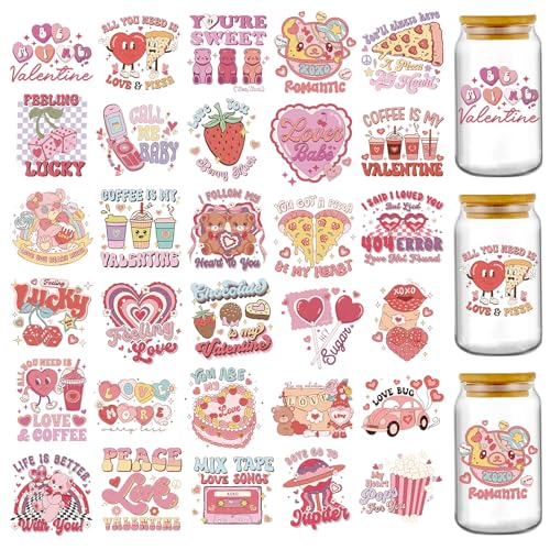 Valentine's Day UV DTF Stickers - 30 Sheets Cute Strawberry Heart Bear UV DTF Tumbler Wrap for 16 oz Glass, XOXO Cake Candy Love Letter Fun Transfer Decal DIY Water Bottle Decorations Gift for Women