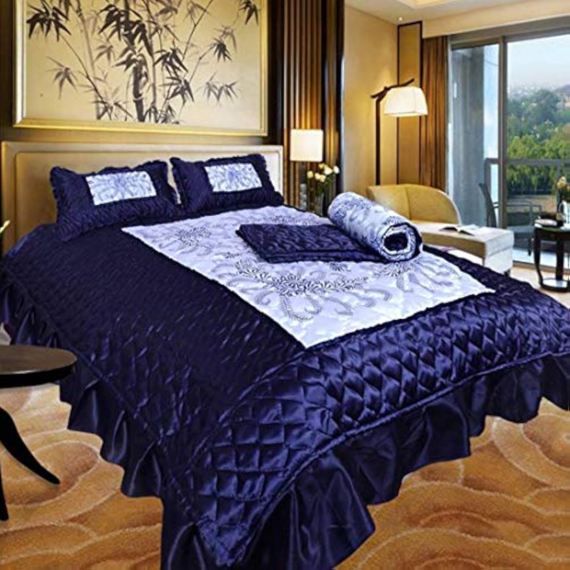 Designer Satin Blue Double Bed Bedding Set, 4 Pieces