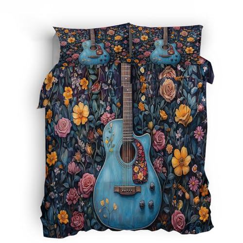 Ropa de Cama Microfibra 220x240cm Flores De Guitarra Azul Ropa de Cama Verano Revestimiento de Cama Transpirable, Microfibra Ligera, Cremallera escondida, diseño Reversible
