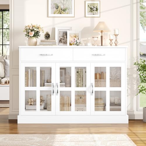 Miniatura 5 de Firfurd Aparador Cocina Con 3 Puertas De Cristal, Aparador Comedor, Vitrina Salón, Muebles De Salón, Vitrinas Expositora, 2 Cajones, Estantes Ajustables, Madera Y Cristal, Blanco, 120x40x84cm