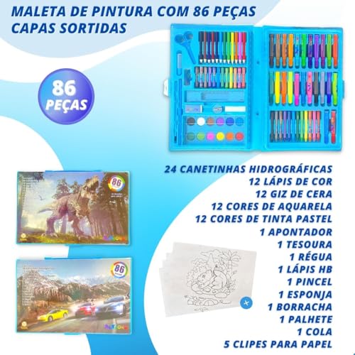 Maleta de Pintura Infantil Kit Escolar Estojo Para Colorir (Azul 86 peças)