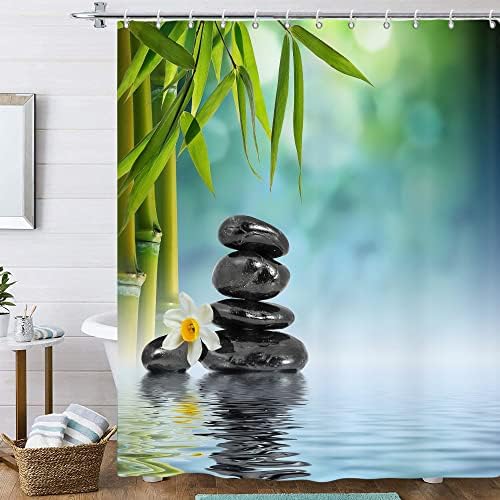 Lileihao Zen Garden Shower Curtain Spa Green Bamboo Black Stone White