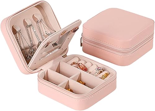 RT&BS Joyero de viaje con espejo, joyero para anillos, aretes, collares, regalos para mujeres y niñas (rosa nude)