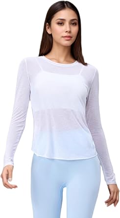 Sheer Workout Long Sleeve Shirts for Women, Crew Neck Loose Fit Breathable Open Back Gym Athletic Yoga Tops