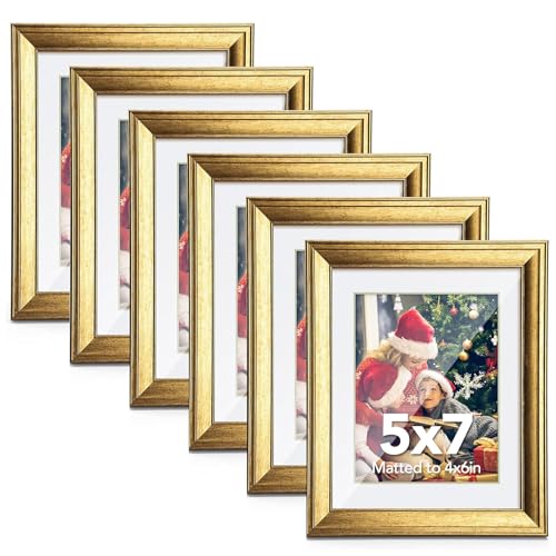 SYNTRIFIC 6PC 5x7in Gold Frames, Vintage Gold Picture Frames for Wall Mounting and Tabletop Display
