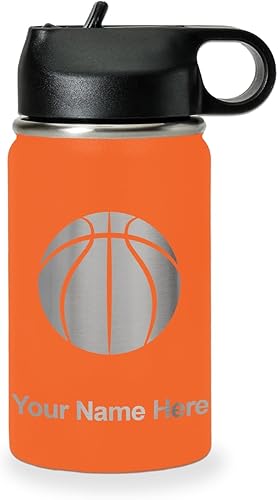 Miniatura 54 de LaserGram Botella de agua personalizada, pelota de baloncesto, acero inoxidable de doble pared aislada al vacío con popote superior, regalo grabado