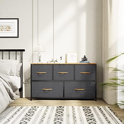 YITAHOME Chest of Drawers, Cationic Fabric 5-Drawer Storage Organizer Unit for Bedroom Living Room Closet, Sturdy Steel Frame, Easy Pull Fabric Bins & Wooden Top, Fabric Dresser