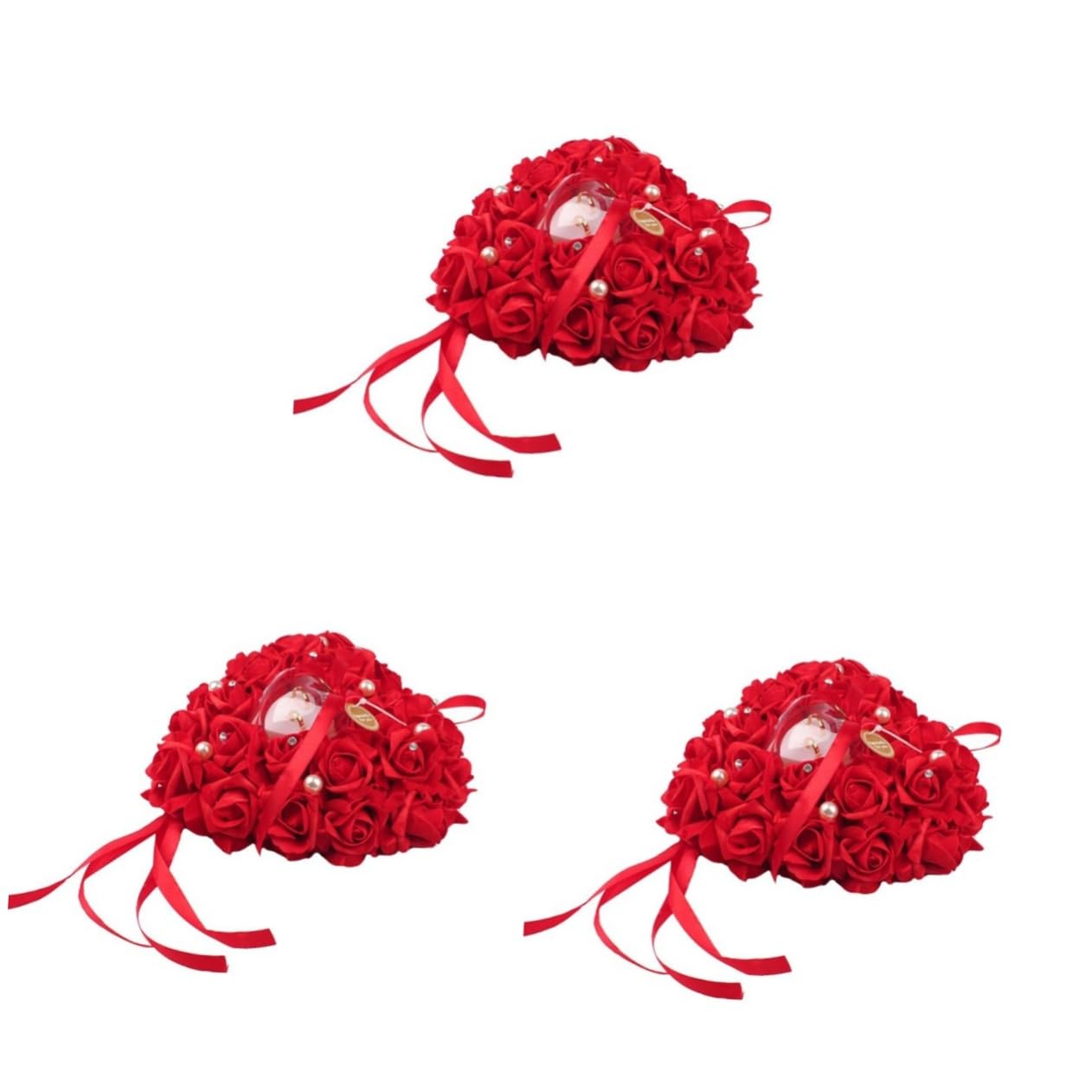 Ciieeo 3 Pièces Anneau Oreiller Porte Bague de cérémonie décorer Porte-Bague Cadeau Ribbon Rituals Faveur de Mariage en Forme de Coeur boîte de Bague réglage de la Bague la mariée Rouge