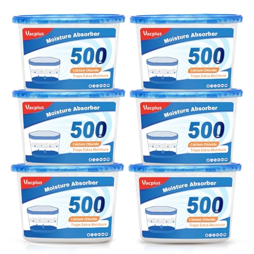 Vacplus Moisture Absorbers Dehumidifier Bucket -Unscented Dehumidifiers for Closet, Highly Absorbent Dehumidifier Bucket for basements, bathrooms, boats, RVs, 10.5 OZ Replaceable Moisture Absorbers, 6 PACK