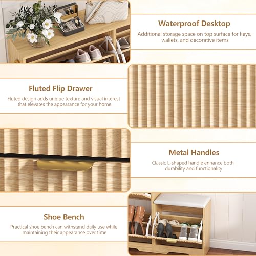 Image of HUANLEGO Shoe Cabinet Storage for Entryway with 4 Flip Drawers, Oak Fluted Shoe Cabinet with Bench, Wooden Hidden Shoe Rack Freestanding Narrow Slim Shoes Storage Organizer for Hallway, Entrance