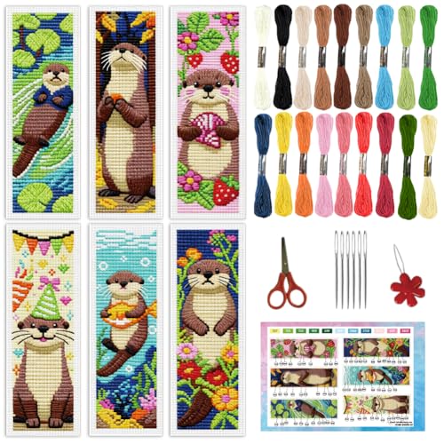 Image of INFUNLY 6 Pcs Otter Cross Stitch Bookmark Kit 7.6x21.6 cm Animal Stamped Embroidery Starter Set with 18 Color Threads Scissors Threader Pre Printed Cotton Linen for Book Lovers DIY Craft Gift