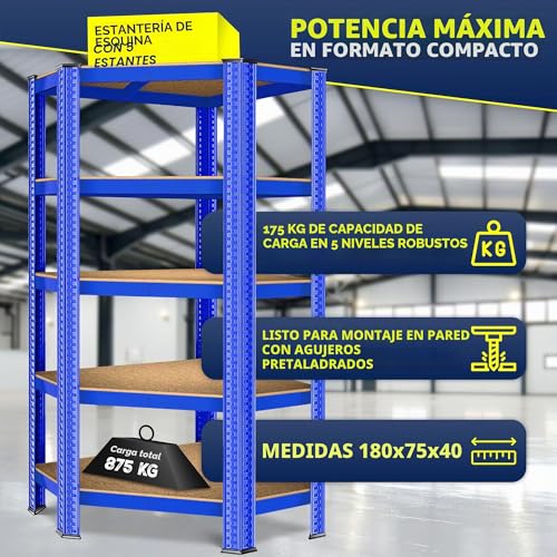 Miniatura 3 de Kesser Estantería Esquinera Para Cargas Pesadas, Para Sótano, 180 X 75 X 40 Cm, Hasta 875 Kg, 5 Estantes Ajustables, Tablero De Fibra De Densidad Media De Metal, Estantería Para Taller, Sótano