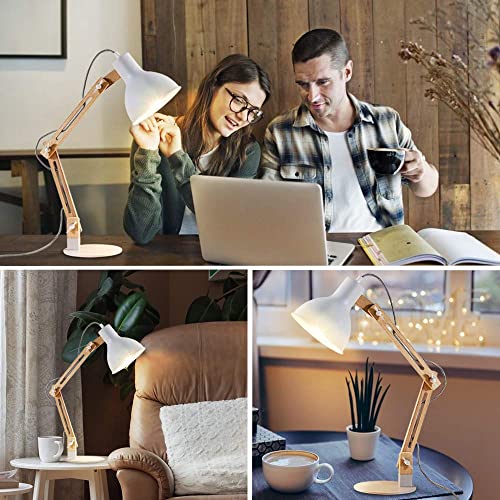 Dinglilighting Dllt Swing Arm Desk Lamp, Wood Adjustable Gooseneck Table Lamp, Modern Architect Desk Light, Reading Light For Work, Study, Bedroom, Home Office, White Metal Shade, E26 Bulb Included #TOP7