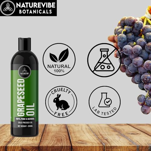 Image of Grapeseed Oil 200ml by Naturevibe Botanials 100% Pure Cold Pressed Grape seed for Skin, Hair & Face | Lightweight Body Massage | Non-Greasy Moisturizing Carrier Oil for Oily & Acne-Prone Skin