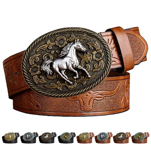 LUKIUP Cintura in Pelle Western con Fibbia da Cowboy per Uomo e Donna, Western Cintura Cowboy Uomo con Incisione Floreale Longhorn Bull Texas, con Fibbia in Pelle per Jeans, per Regalo di Compleanno