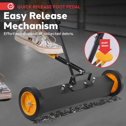 Pyle 24” Rolling Magnetic Sweeper with Adjustable Handle - Strong and Durable Metal Construction, Heavy-Duty Cleaning, Metal Pickup for Industrial and Commercial Use (Black and Orange) by Pyle - Image 5