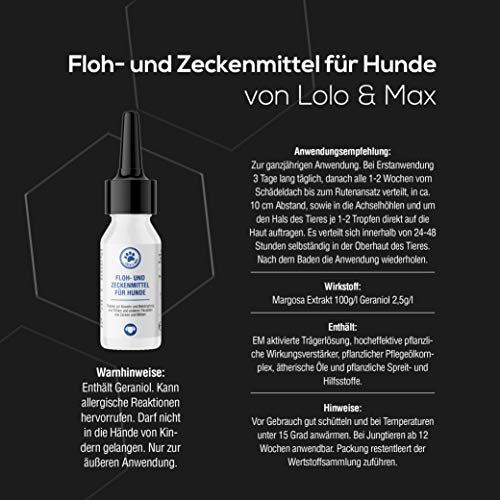Lolo & Max - Floh- & Zeckenmittel für Hunde 100% Natürlicher Spot On - Bis zu 8 Monate Abwehr & Bekämpfung von Flöhen & Anderen Parasiten (Zecken,Milben,Läuse,Haarlinge,Wanzen) - 40ml