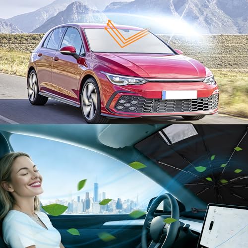 Image of Windshield Sun Shade Umbrella for 2015-2021 Volkswagen Golf GTI e-Golf | Full covered for windshield, Block UV Rays, Heat Reduction, Easy to install, Durable & Fold Up Small