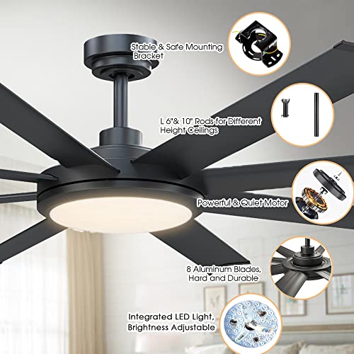 Ceiling Fans with Lights and Remote, 60 Inch Black Large Ceiling Fan for Bedroom Living Room, Modern Flush Outdoor Ceiling Fans LED Lighting, DC Motor Reversible 8 Blades, Ventilador de Techo con Luz - Thumbnail 3