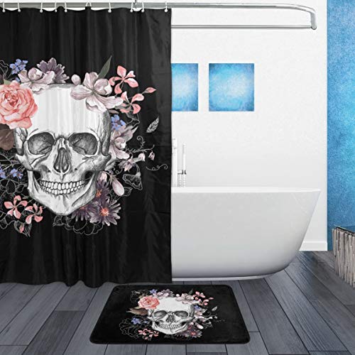 Wozo Beautiful Floral Sugar Skull Black Polyester Fabric Bathroom Shower Curtain 60 X 72 Inch With Hooks Modern Bathroom Doormat Rug 23.6 X 15.7 Inch #TOP1